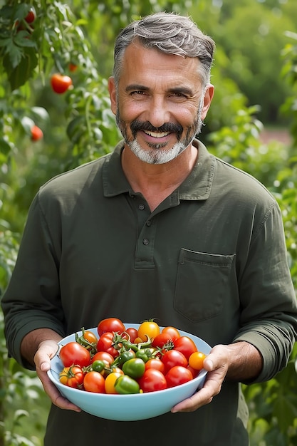 retrato fotográfico de un agricultor que sostiene una caja llena de fresas y frutas en un invernadero