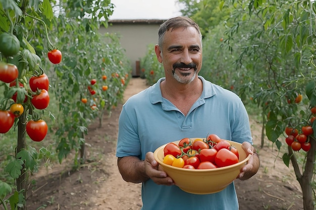 retrato fotográfico de un agricultor que sostiene una caja llena de fresas y frutas en un invernadero