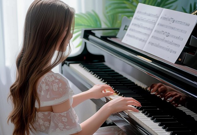 Retrato fotográfico de artista mujer hombre novia niño tocando el piano