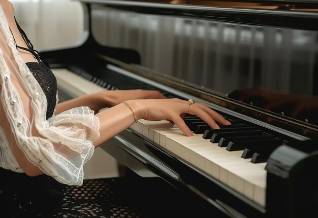 Retrato fotográfico de artista mujer hombre novia niño tocando el piano