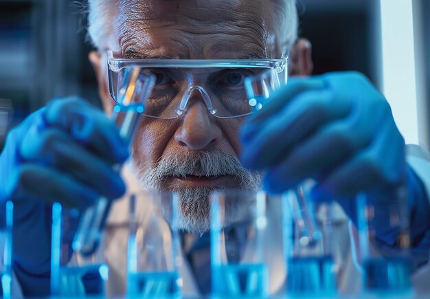 Foto retrato fotográfico de un asistente de laboratorio científico en un laboratorio con tubos de ensayo mientras investiga