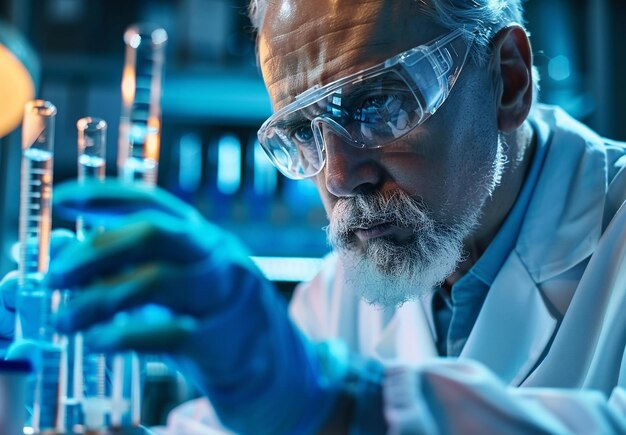 Retrato fotográfico de un asistente de laboratorio científico en un laboratorio con tubos de ensayo mientras investiga