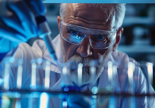 Retrato fotográfico de un asistente de laboratorio científico en un laboratorio con tubos de ensayo mientras investiga