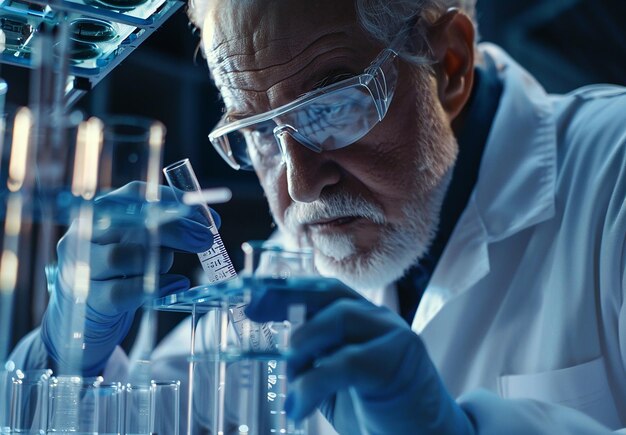 Retrato fotográfico de un asistente de laboratorio científico en un laboratorio con tubos de ensayo mientras investiga