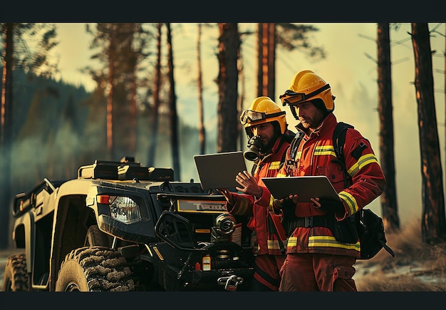 Foto retrato fotográfico de bomberos que trabajan en un incendio en el campo