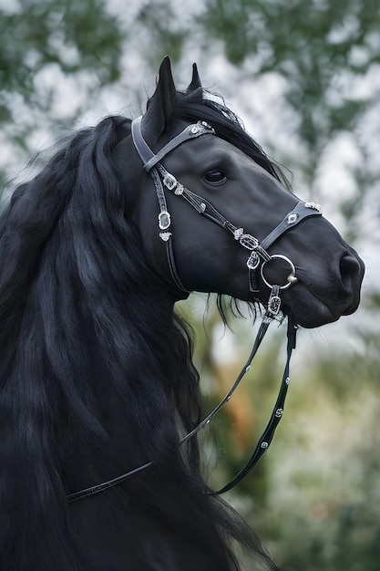 Foto un retrato fotográfico del caballo frisón