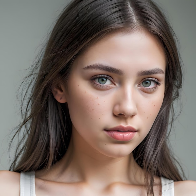 Retrato fotográfico de la cara de una joven y hermosa mujer modelo