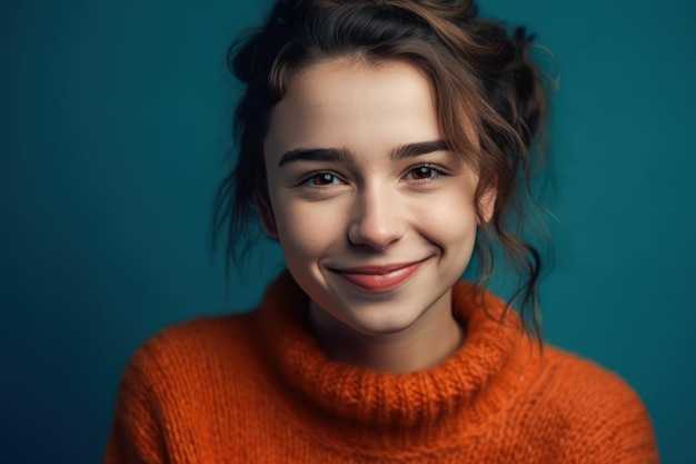 Retrato fotográfico de una chica guapa con suéter naranja sonriendo aislada en un fondo de color verde azulado brillante