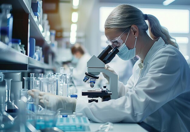 Retrato fotográfico de una científica mirando a través de un microscopio en un laboratorio