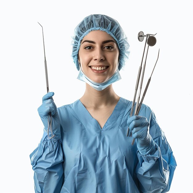 Foto retrato fotográfico de cirujano abogado mujer con herramientas