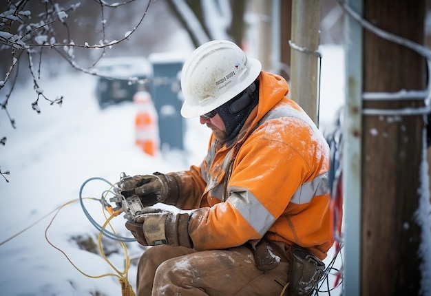 Retrato fotográfico da determinação de um engenheiro elétrico manual em forte tempestade de neve