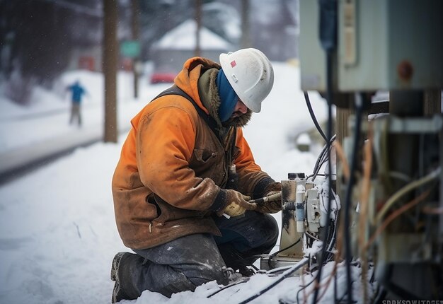 Retrato fotográfico da determinação de um engenheiro elétrico manual em forte tempestade de neve