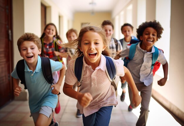 Retrato fotográfico de crianças correndo na escola