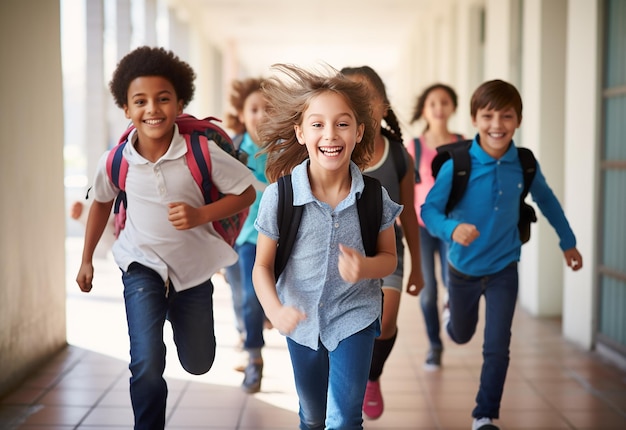 Foto retrato fotográfico de crianças correndo na escola