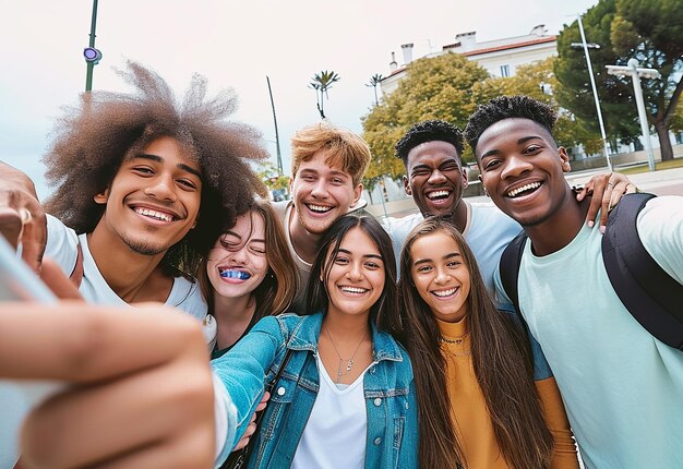 Retrato fotográfico de diversão amorosa e alegre reunindo amigos internacionais felizes