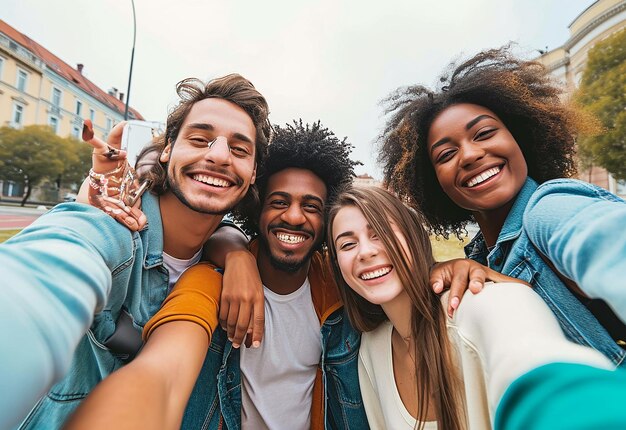 Foto retrato fotográfico de diversão amorosa e alegre reunindo amigos internacionais felizes