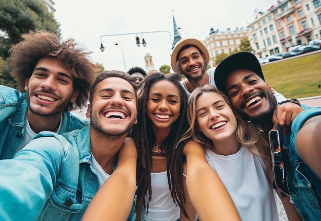 Retrato fotográfico de diversão amorosa e alegre reunindo amigos internacionais felizes