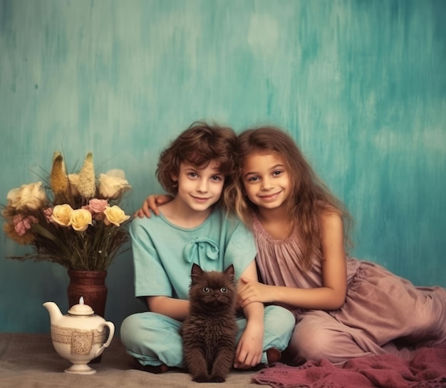 Retrato fotográfico de duas crianças sentadas juntas contra a parede pintada de azul