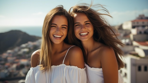 retrato fotográfico de duas jovens lindas e sorridentes mulheres hipster no verão da moda gerado pela IA