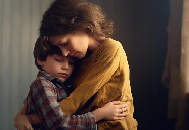 Retrato fotográfico de mãe abraçando seu filho amoroso