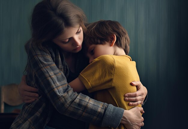 Retrato fotográfico de mãe abraçando seu filho amoroso