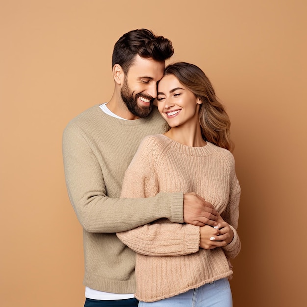 Retrato fotográfico de um belo casal feliz sorridente vestindo roupas e vestidos à moda