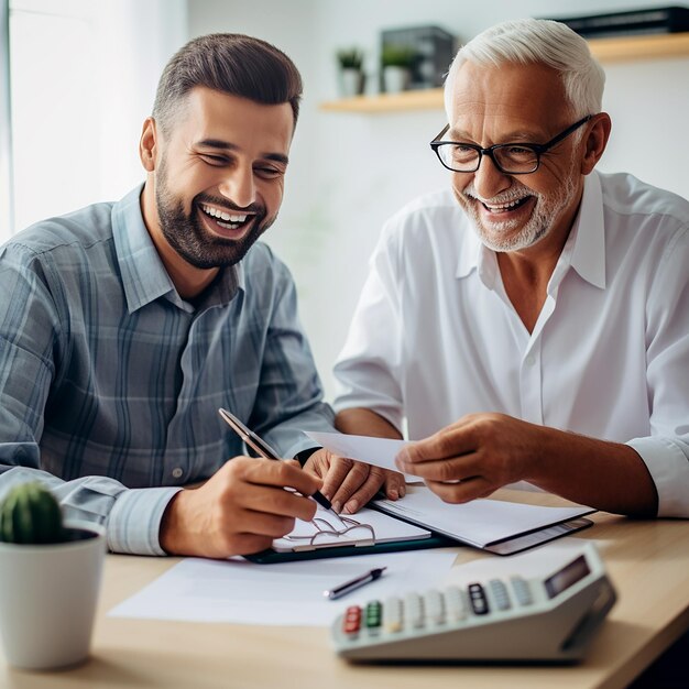 Foto retrato fotográfico de um cliente sorridente e um médico contando as finanças em uma calculadora