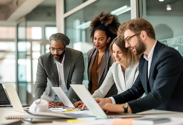 Retrato fotográfico de um grupo de empresários discute fazer reuniões de negócios na sala do escritório