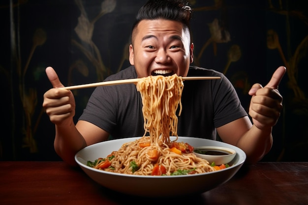 Retrato fotográfico de um jovem asiático feliz gostando de macarrão comendo conceito de almoço