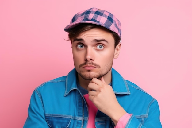 Retrato fotográfico de um jovem atraente, segurando o volante, mordendo os lábios, confuso, vestindo roupas azuis da moda