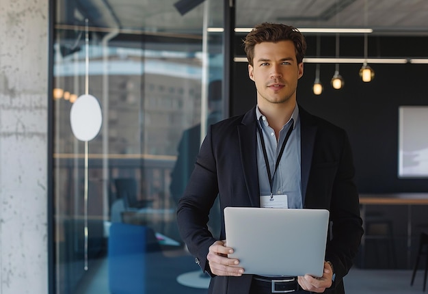 Retrato fotográfico de um jovem empresário profissional feliz enquanto trabalha em seu escritório