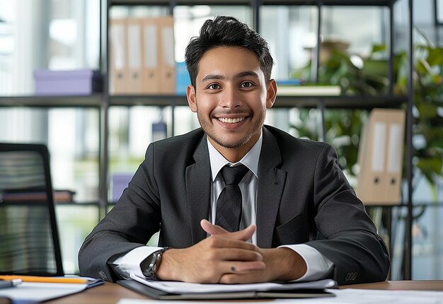 Retrato fotográfico de um jovem empresário profissional feliz enquanto trabalha em seu escritório