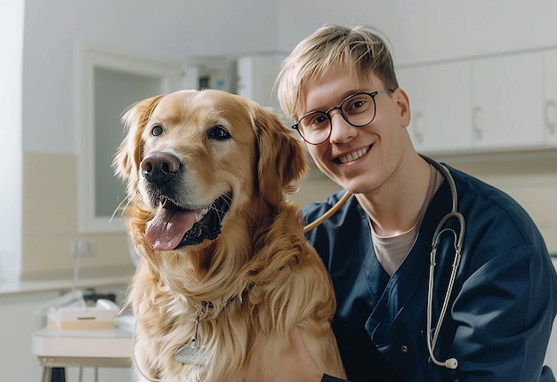 Retrato fotográfico de um jovem veterinário a verificar cães, gatos e animais de estimação bonitos