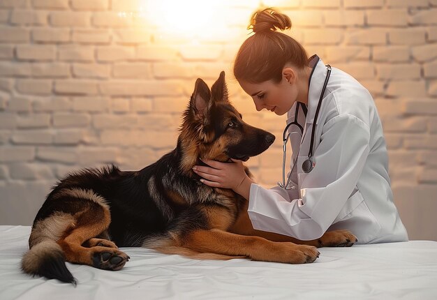 Retrato fotográfico de um jovem veterinário a verificar cães, gatos e animais de estimação bonitos