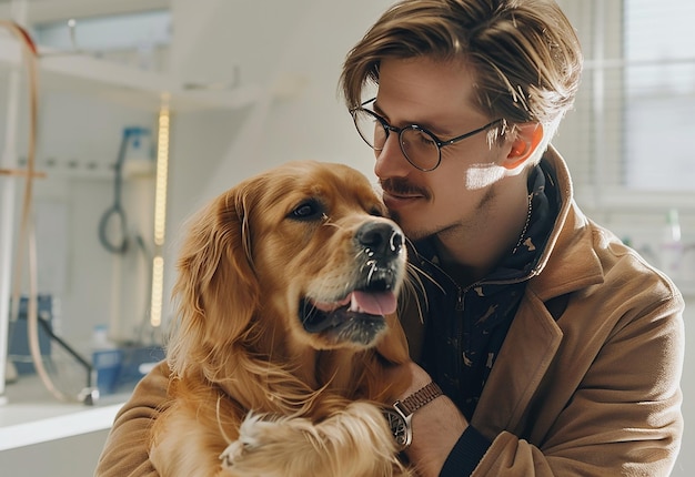 Retrato fotográfico de um jovem veterinário a verificar cães, gatos e animais de estimação bonitos