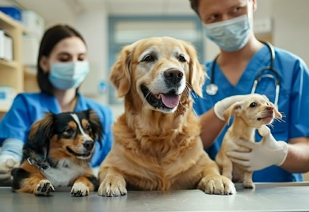 Retrato fotográfico de um jovem veterinário a verificar cães, gatos e animais de estimação bonitos