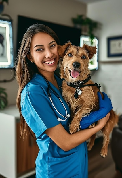 Retrato fotográfico de um jovem veterinário a verificar cães, gatos e animais de estimação bonitos