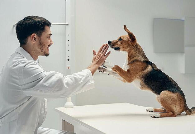 Retrato fotográfico de um jovem veterinário a verificar cães, gatos e animais de estimação bonitos