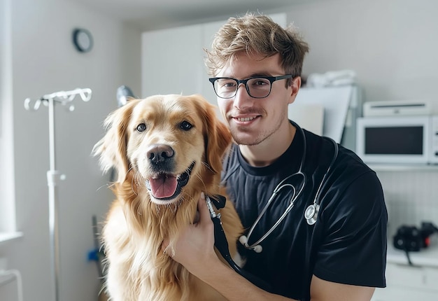 Retrato fotográfico de um jovem veterinário a verificar cães, gatos e animais de estimação bonitos