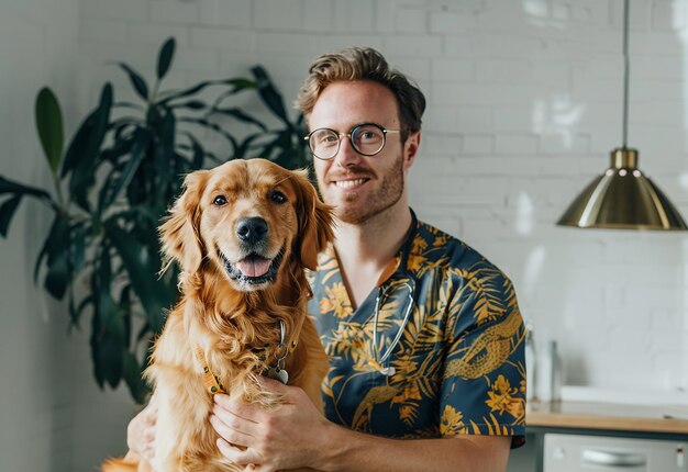 Retrato fotográfico de um jovem veterinário a verificar cães, gatos e animais de estimação bonitos