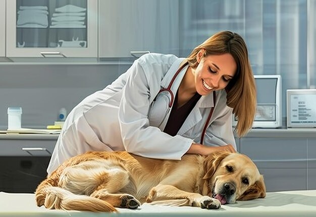 Retrato fotográfico de um jovem veterinário a verificar cães, gatos e animais de estimação bonitos