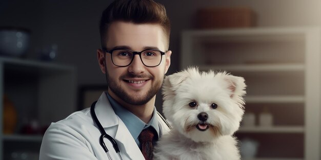 Retrato fotográfico de um veterinário sorridente com luvas de látex azul