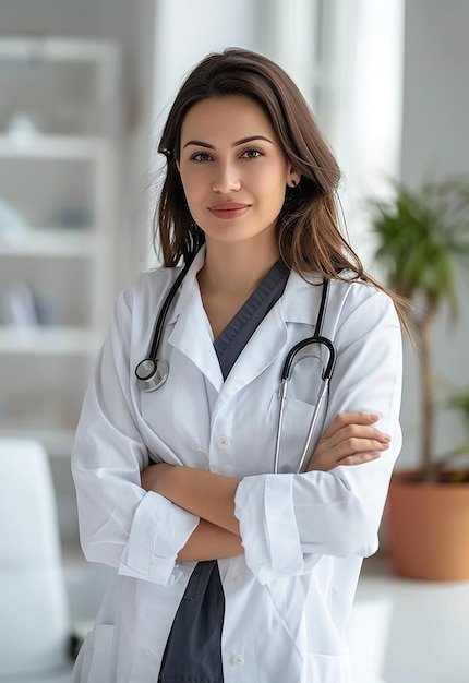 Retrato fotográfico de uma bela jovem médica olhando para a câmera