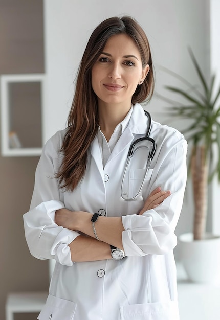 Retrato fotográfico de uma bela jovem médica olhando para a câmera