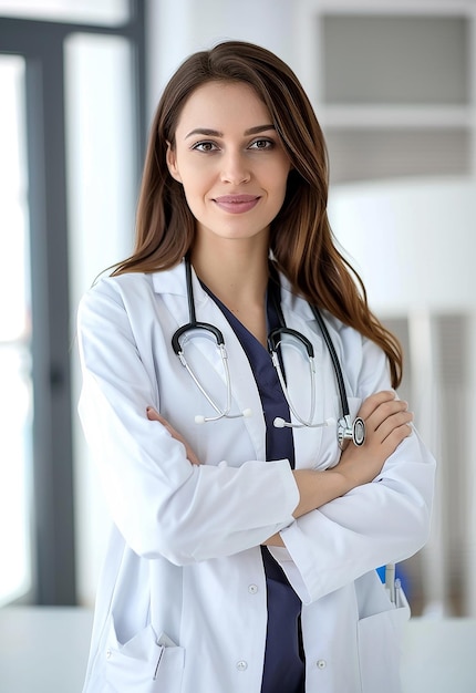 Retrato fotográfico de uma bela jovem médica olhando para a câmera