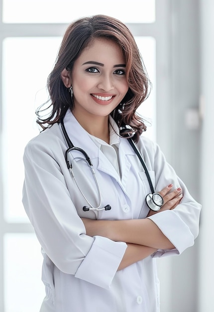 Retrato fotográfico de uma bela jovem médica olhando para a câmera