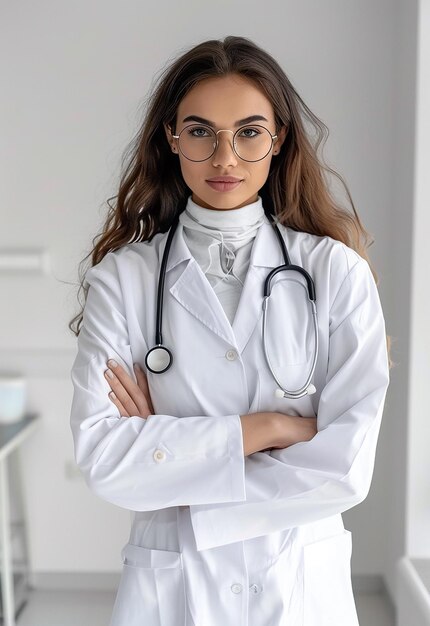 Retrato fotográfico de uma bela jovem médica olhando para a câmera