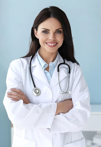 Retrato fotográfico de uma bela jovem médica olhando para a câmera