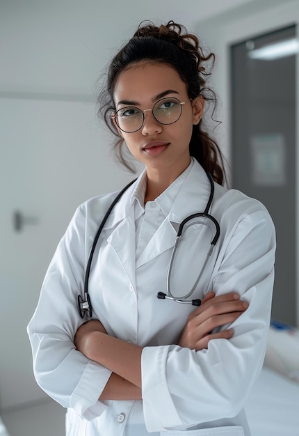 Retrato fotográfico de uma bela jovem médica olhando para a câmera