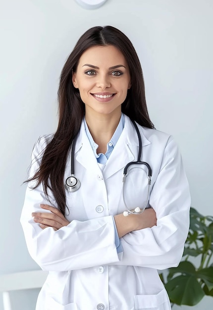 Retrato fotográfico de uma bela jovem médica olhando para a câmera